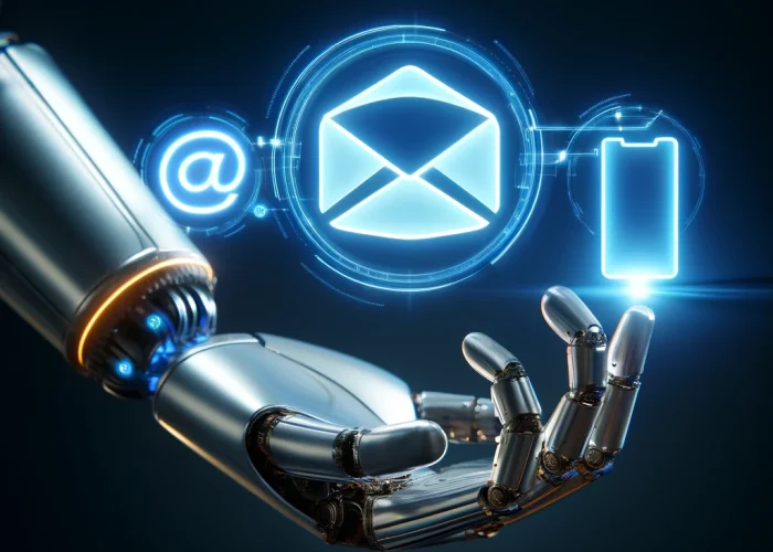 AI robot hand holding an email envelope and a phone